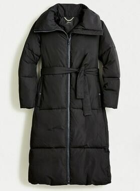 J. Crew Long Belted Puffer Coat Black Hooded Full Zip PrimaLoft Women's XXS